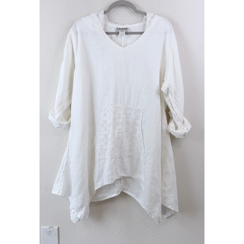 B Hadikusumo Linen Tunic One Size White Hooded Lace Pocket Lagenlook Made USA